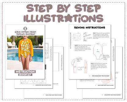 Girls Zipper Front Peplum Swimsuit sewing pattern step by step illustrations.