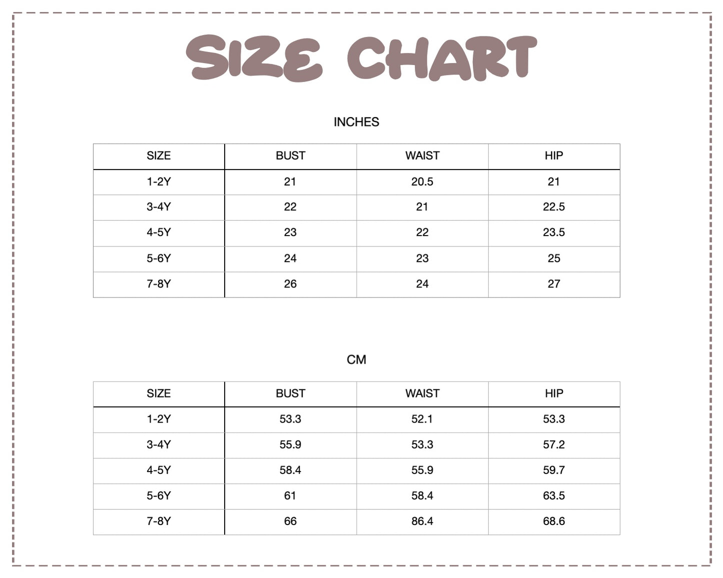 Patterns For Kidz size chart.