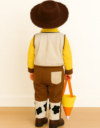 Back view of child wearing a cowboy costume with a Halloween Candy Corn Treat Bag, standing against a white wall.