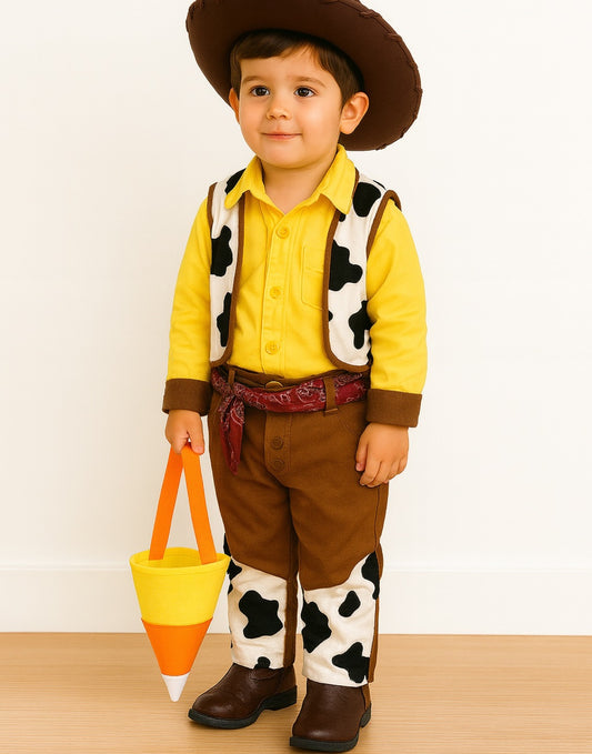 Child wearing a Woody costume from Toy Story with a yellow shirt, brown vest, and cowboy hat holding a Halloween Candy Corn Treat Bag.