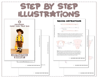 Halloween Candy Corn Treat Bag sewing pattern instruction booklet showing step by step illustrations to make the garment. 