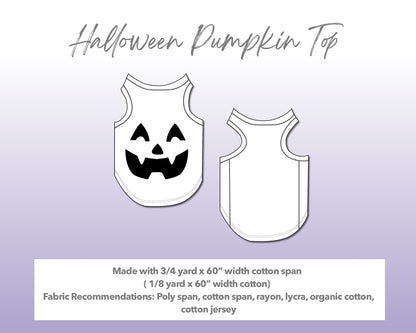 Illustration and detailed description for Halloween Dog Pumpkin Top sewing pattern. Made with ¾ yard x 60” width cotton span and ⅛ yard x 60” width cotton. Other Fabric Recommendations: poly span, cotton span, rayon, lycra, organic cotton, cotton jersey.