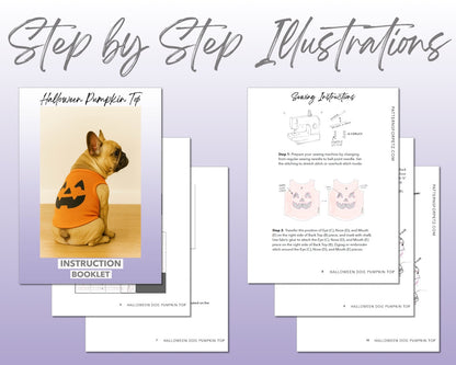 Halloween Dog Pumpkin Top sewing pattern instruction booklet showing step by step illustrations to make the garment.