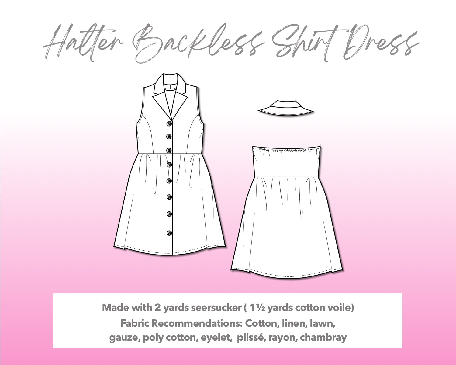 Illustration and detailed description for Halter Backless Shirt Dress sewing pattern.