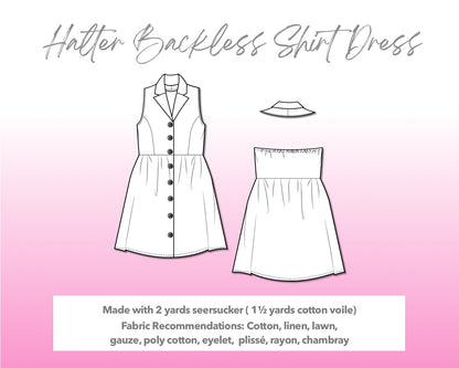 Illustration and detailed description for Halter Backless Shirt Dress sewing pattern.