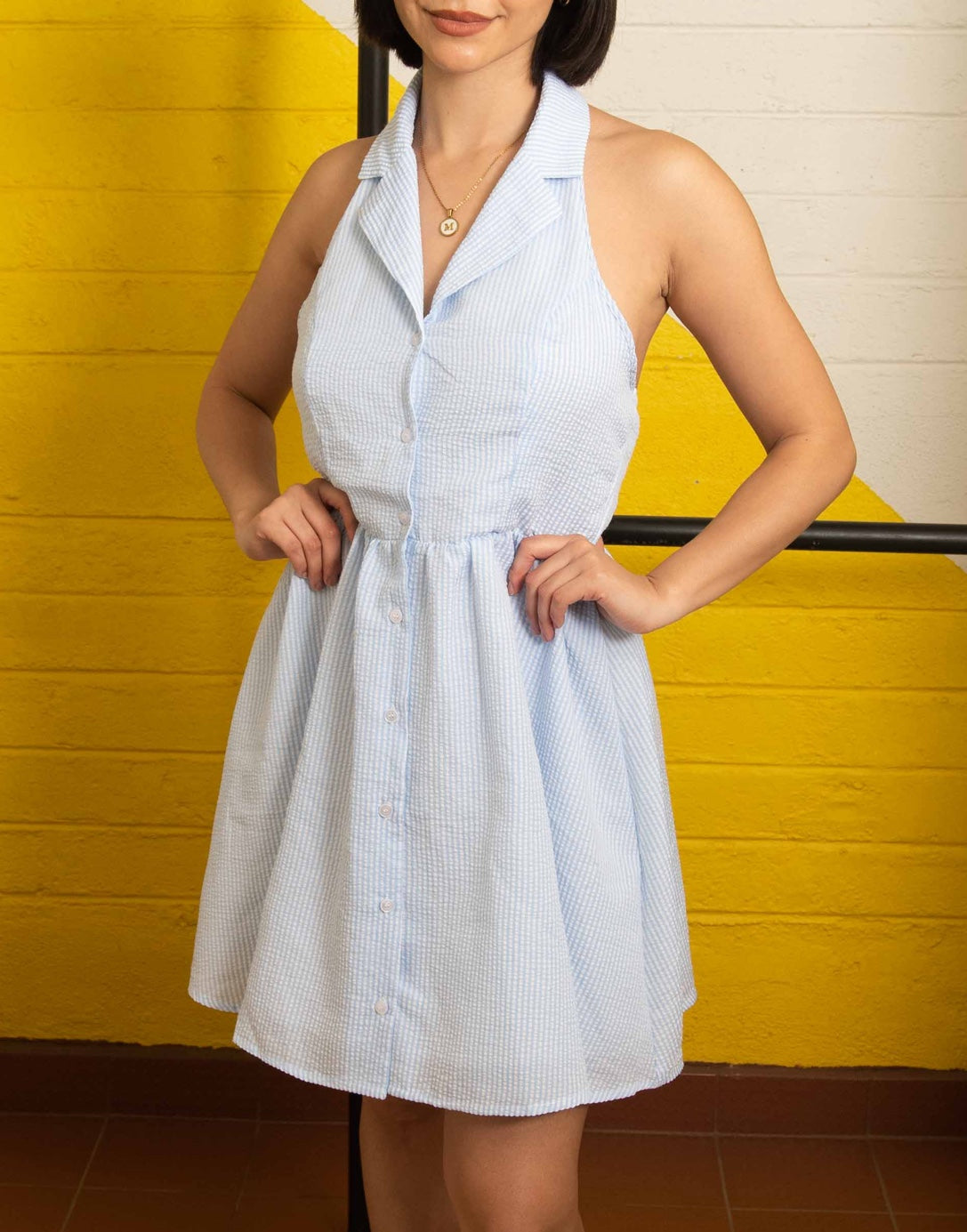 Side view of Halter Backless Shirt Dress.