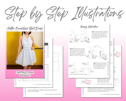 Halter Backless Shirt Dress sewing pattern step by step illustrations.