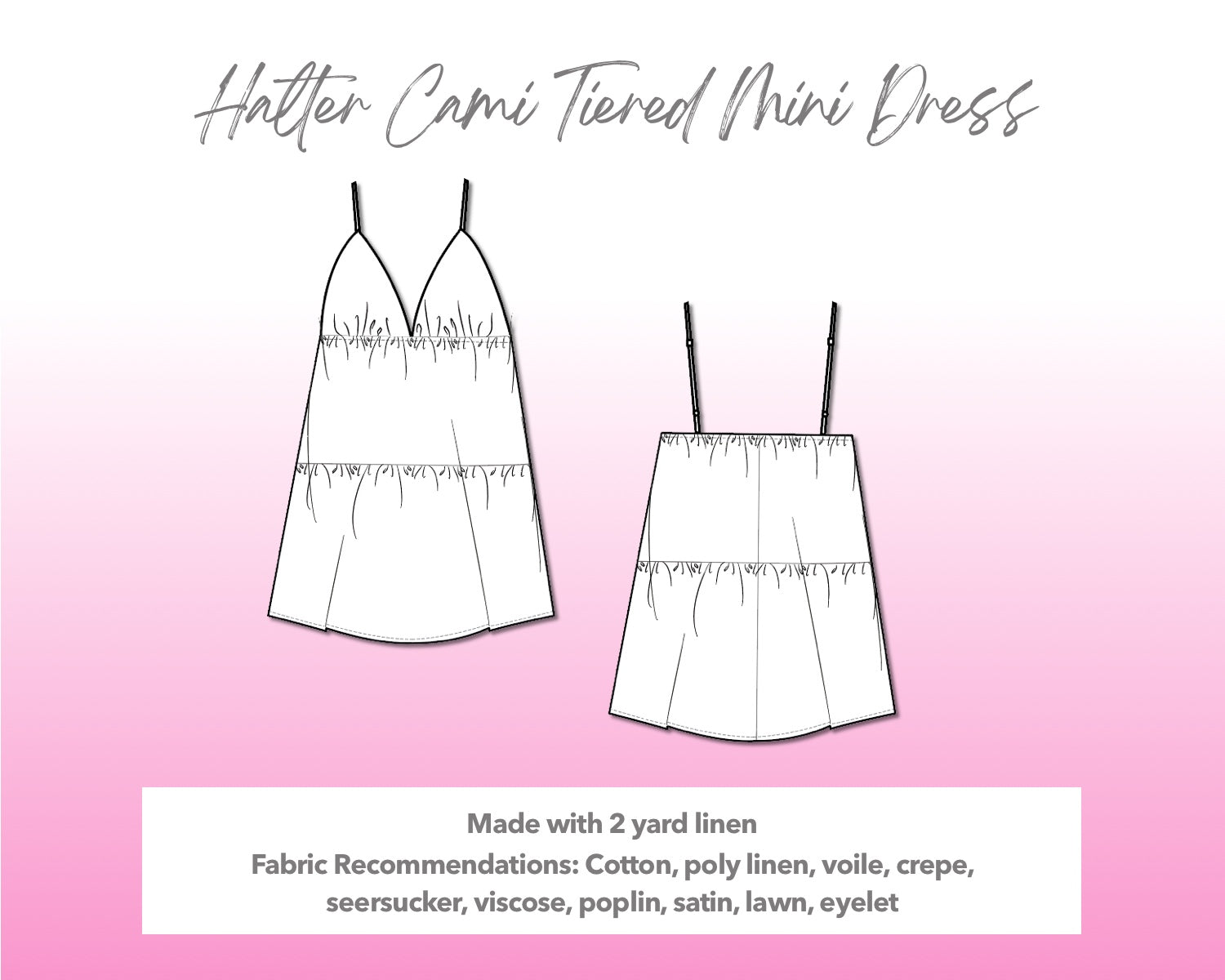 Illustration and detailed description for Halter Cami Tiered Mini Dress sewing pattern.