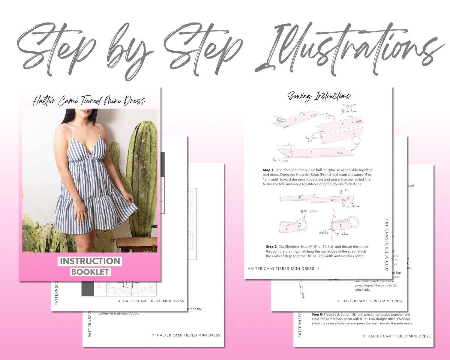 Halter Cami Tiered Mini Dress sewing pattern step by step illustrations.