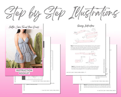 Halter Cami Tiered Mini Dress sewing pattern step by step illustrations.