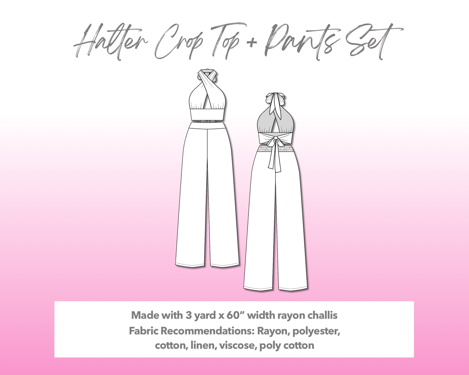 Illustration and detailed description for Halter Crop Top and Wide Leg Pants Set sewing pattern.