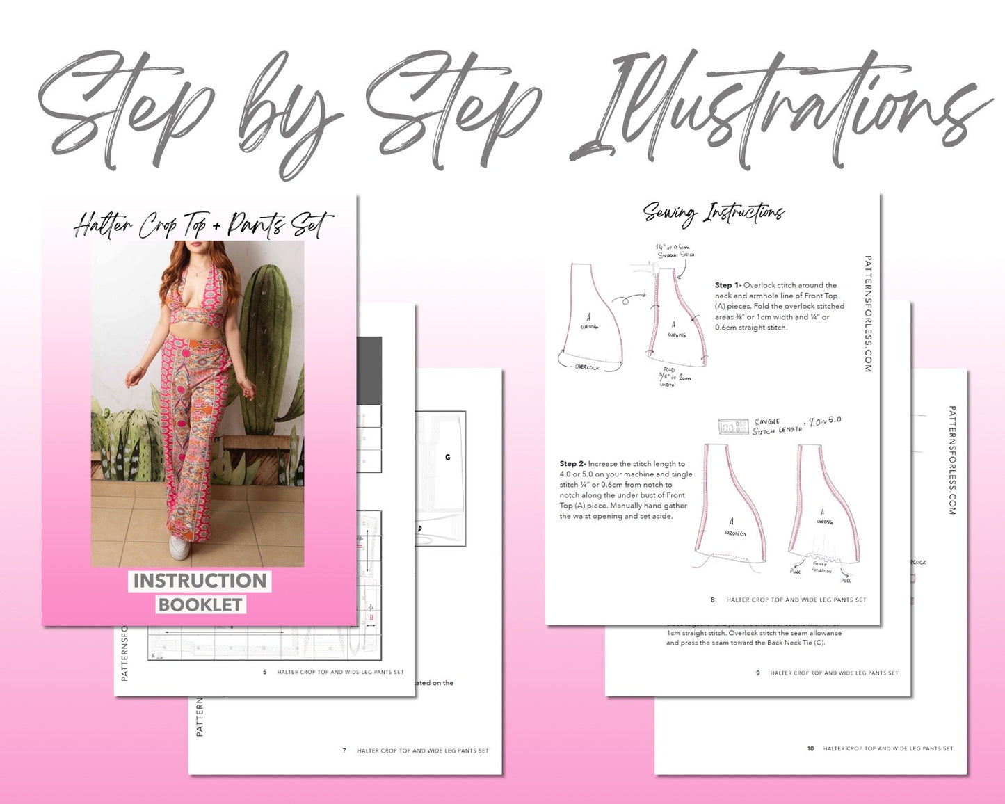 Halter Crop Top and Wide Leg Pants Set sewing pattern step by step illustrations.