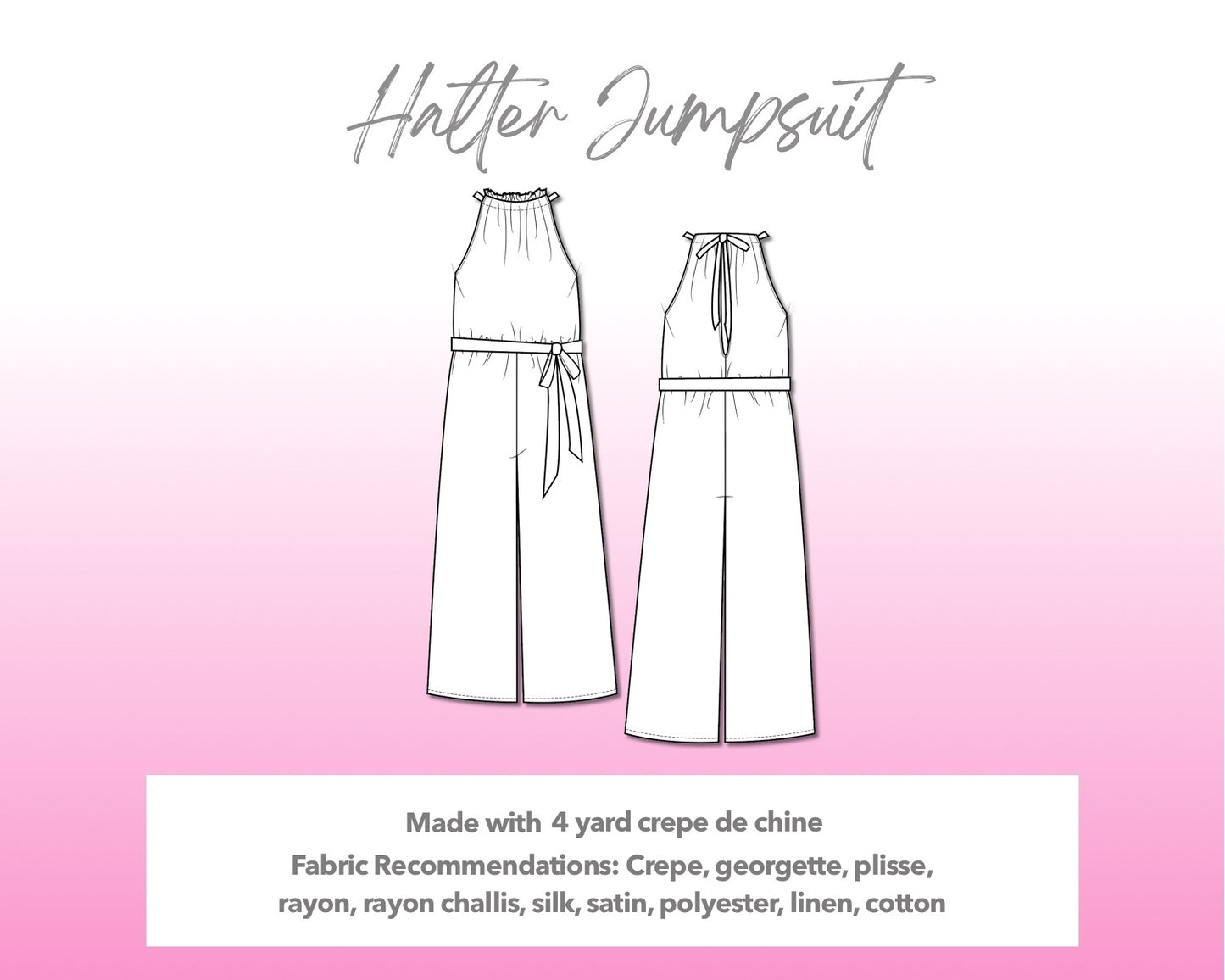 Illustration and detailed description for Halter Jumpsuit sewing pattern.