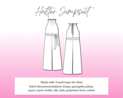 Illustration and detailed description for Halter Jumpsuit sewing pattern.