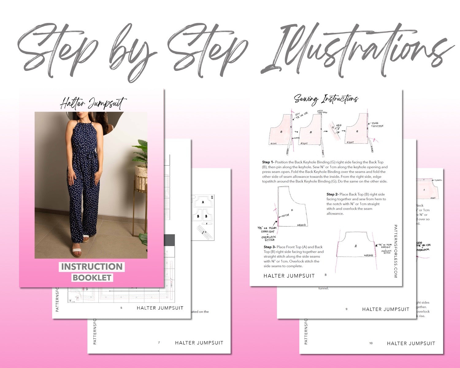 Halter Jumpsuit sewing pattern step by step illustrations.