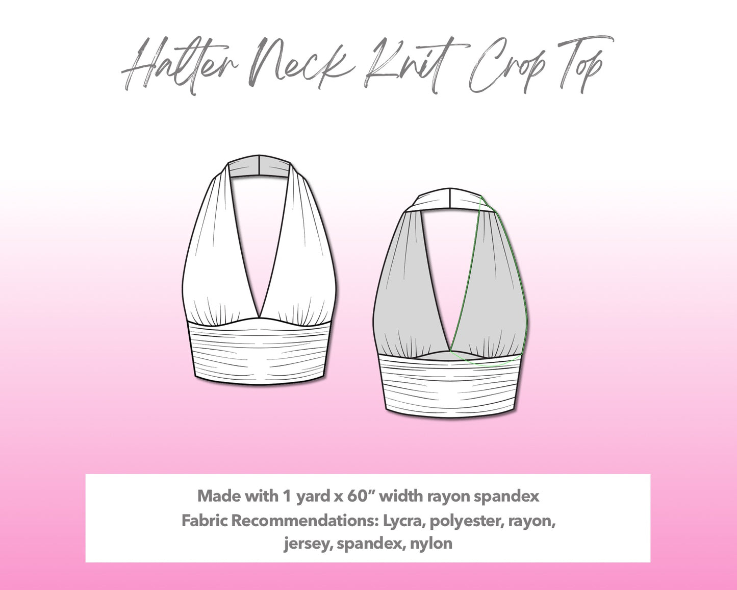 Illustration and detailed description for Halter Neck Backless Knit Crop Top sewing pattern.