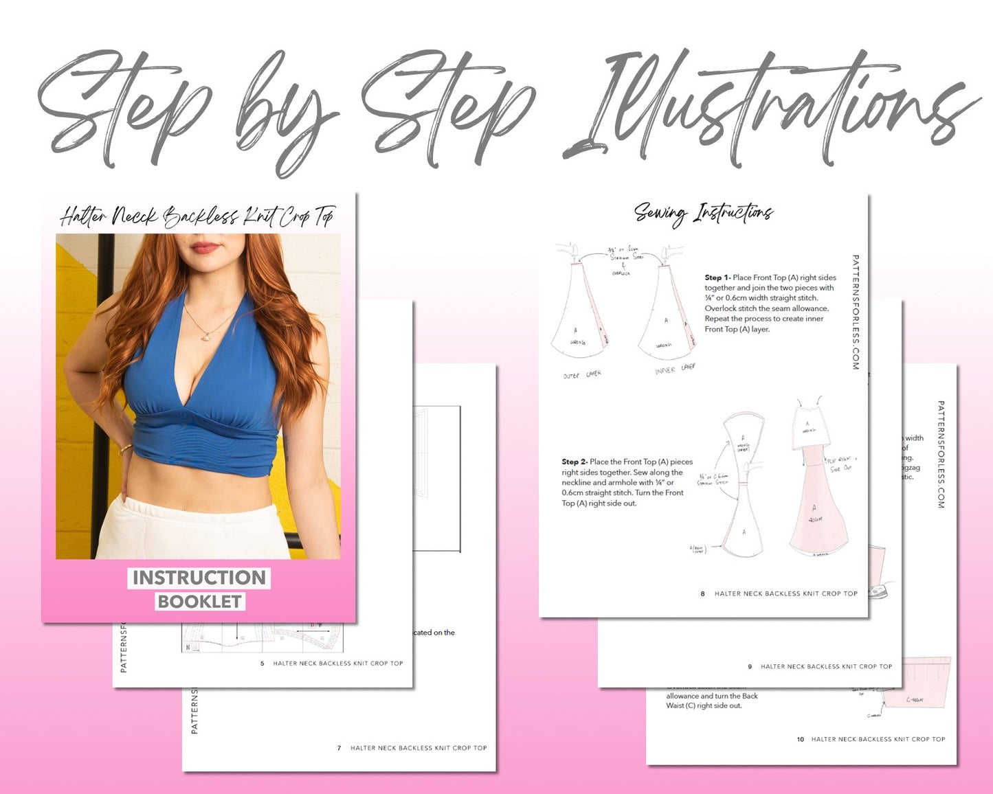 Halter Neck Backless Knit Crop Top sewing pattern step by step illustrations.