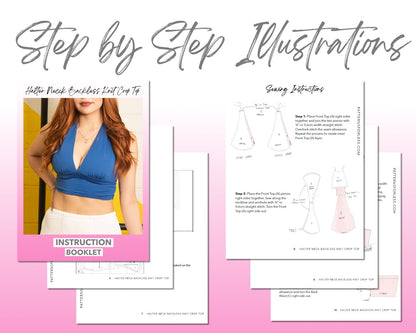 Halter Neck Backless Knit Crop Top sewing pattern step by step illustrations.