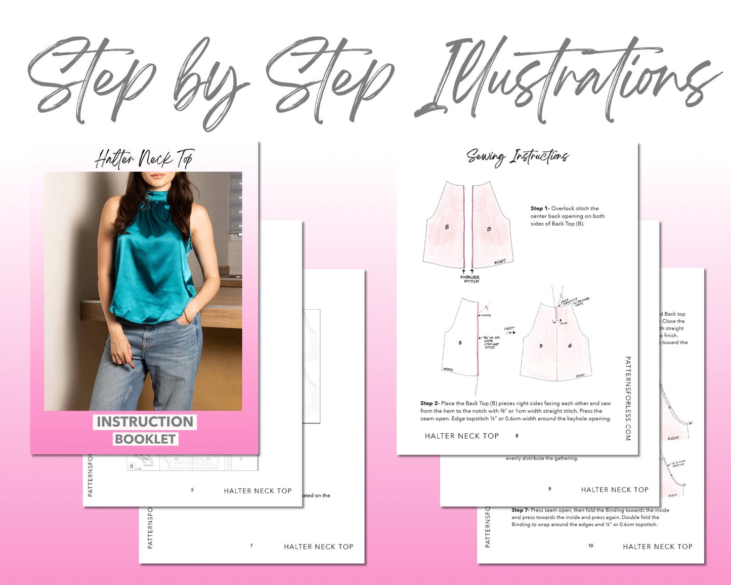 Halter Neck Top sewing pattern step by step illustrations.