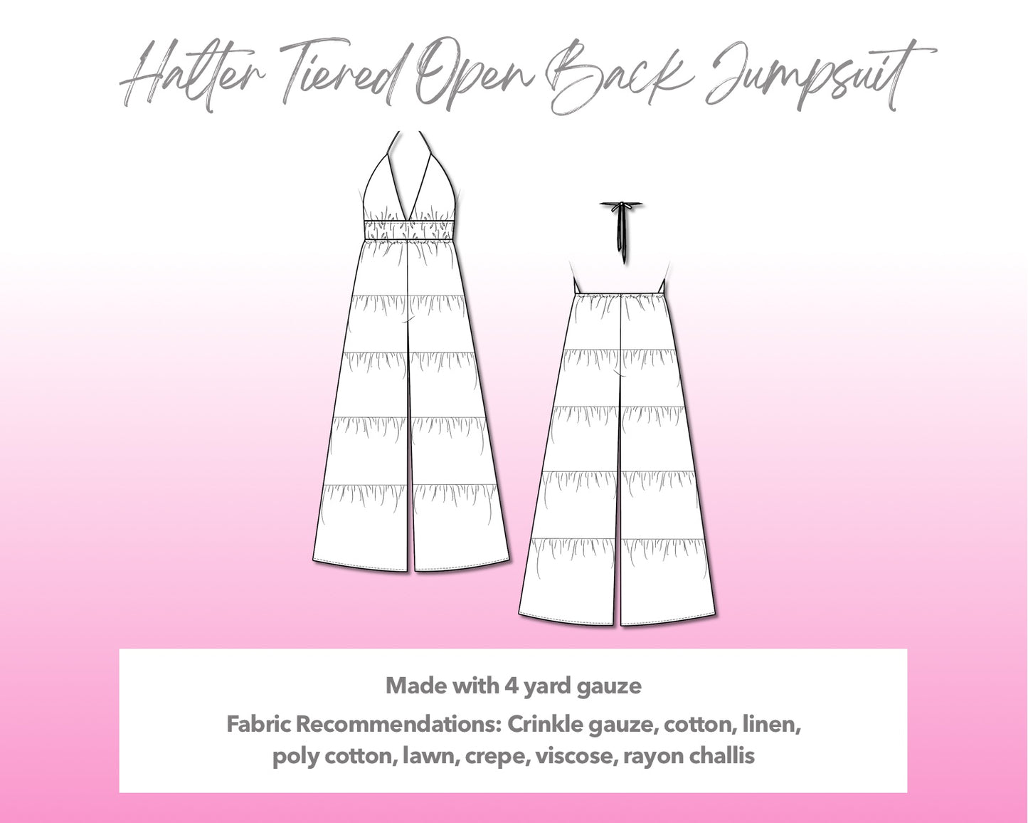 Illustration and detailed description for Halter Tiered Open Back Jumpsuit sewing pattern.