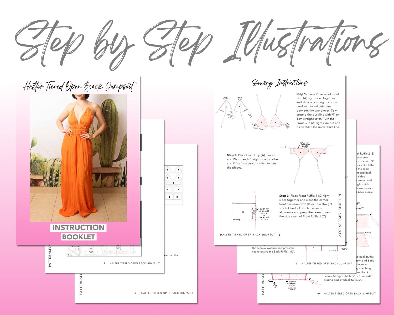 Halter Tiered Open Back Jumpsuit sewing pattern step by step illustrations.