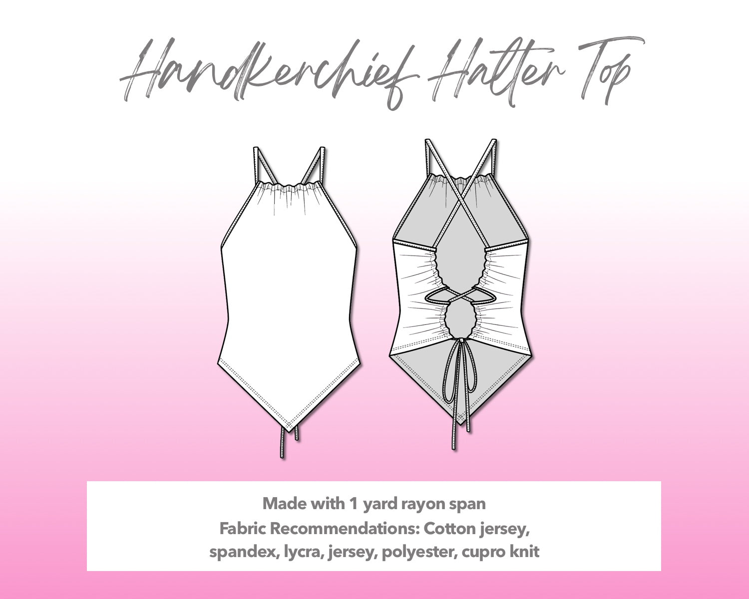 Illustration and detailed description for Handkerchief Halter Top sewing pattern.