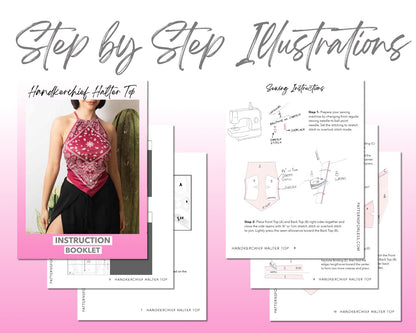 Handkerchief Halter Top sewing pattern step by step illustrations.