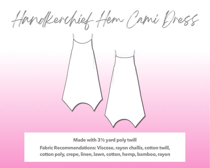 Illustration and detailed description for Handkerchief Hem Cami Dress sewing pattern.