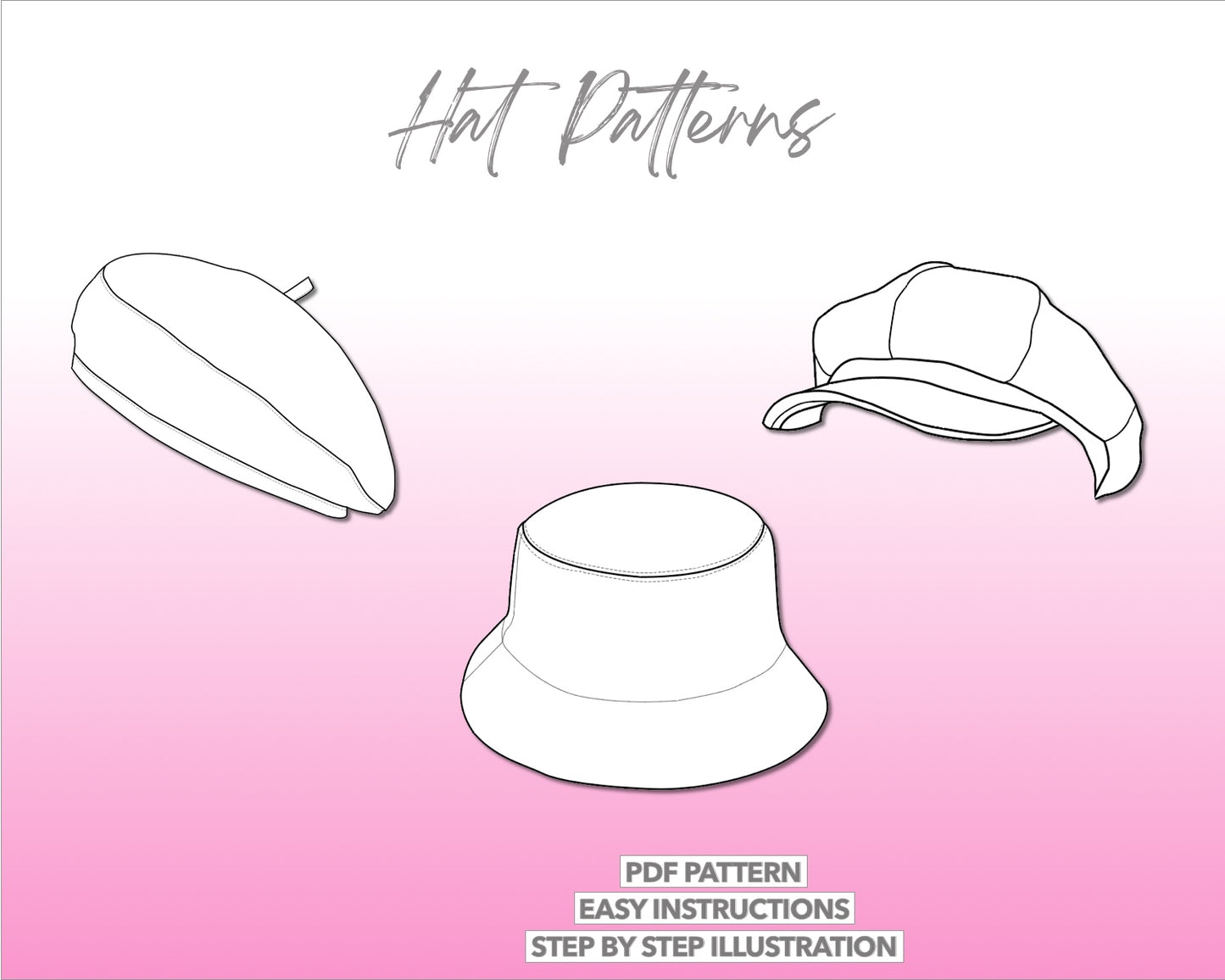 Illustration and detailed description for hat sewing pattern bundle.