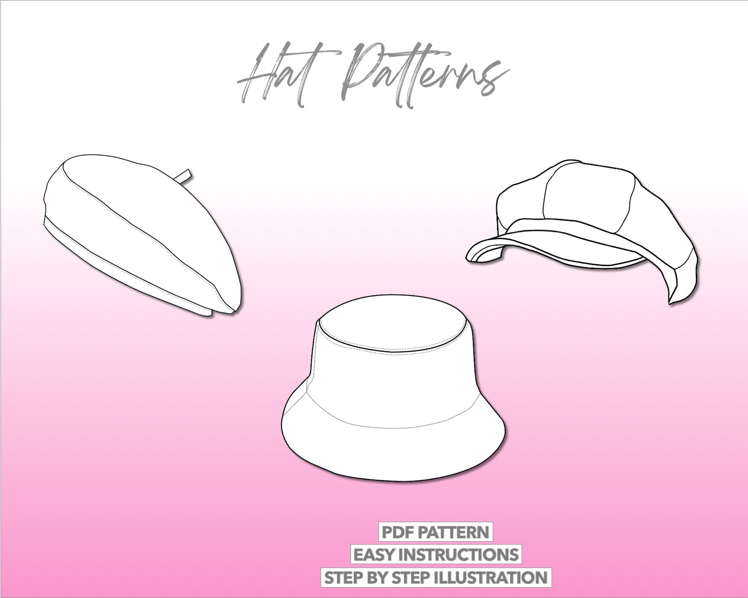 Illustration and detailed description for hat sewing pattern bundle.