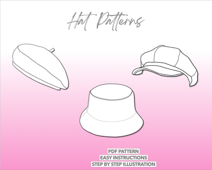 Illustration and detailed description for hat sewing pattern bundle.