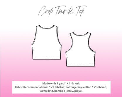Illustration and detailed description for High Neck Crop Tank Top sewing pattern.