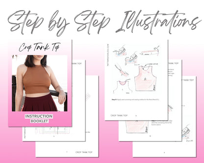 High Neck Crop Tank Top sewing pattern step by step illustrations.