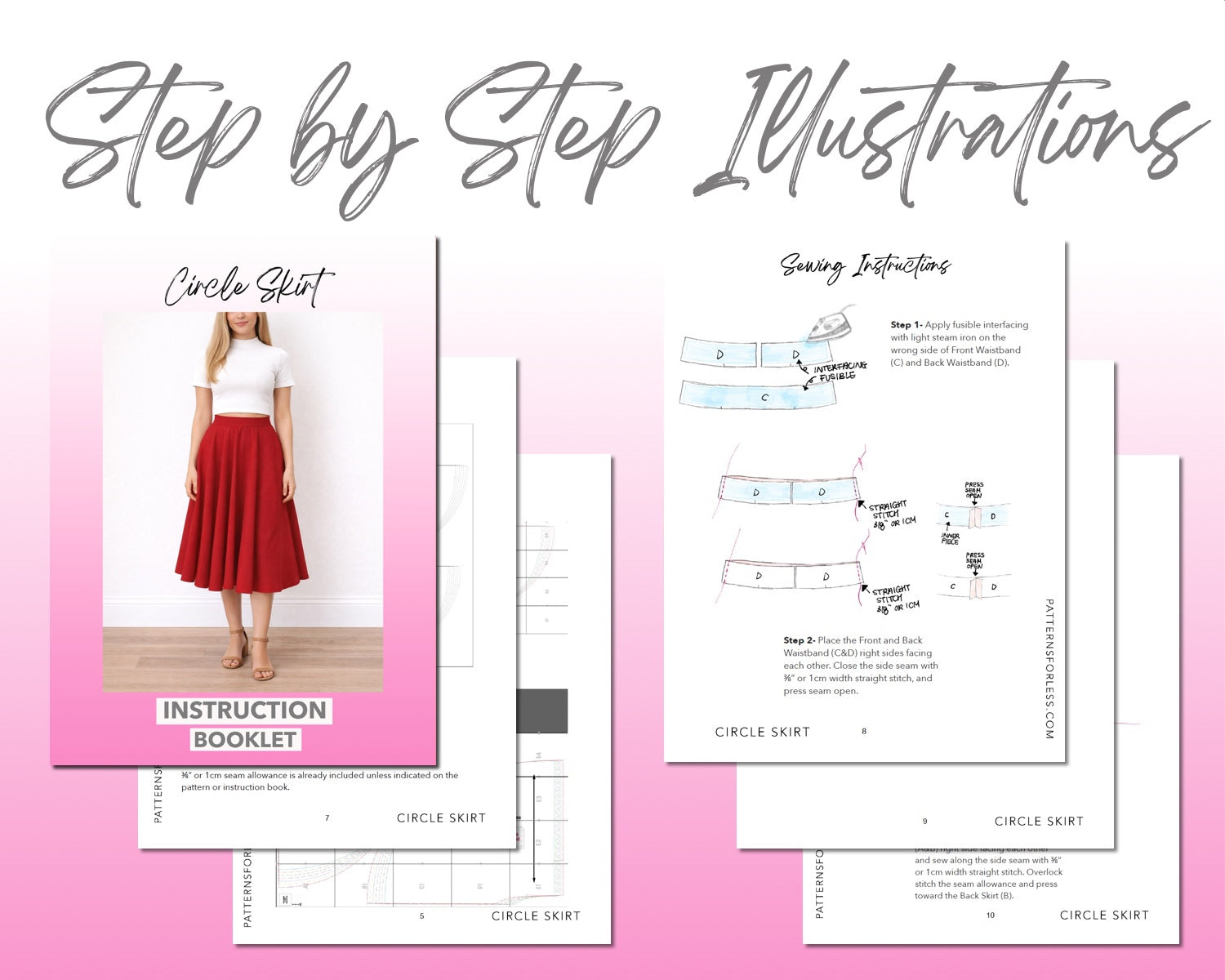 Circle Skirt sewing pattern instruction booklet showing step by step illustrations to make the garment.