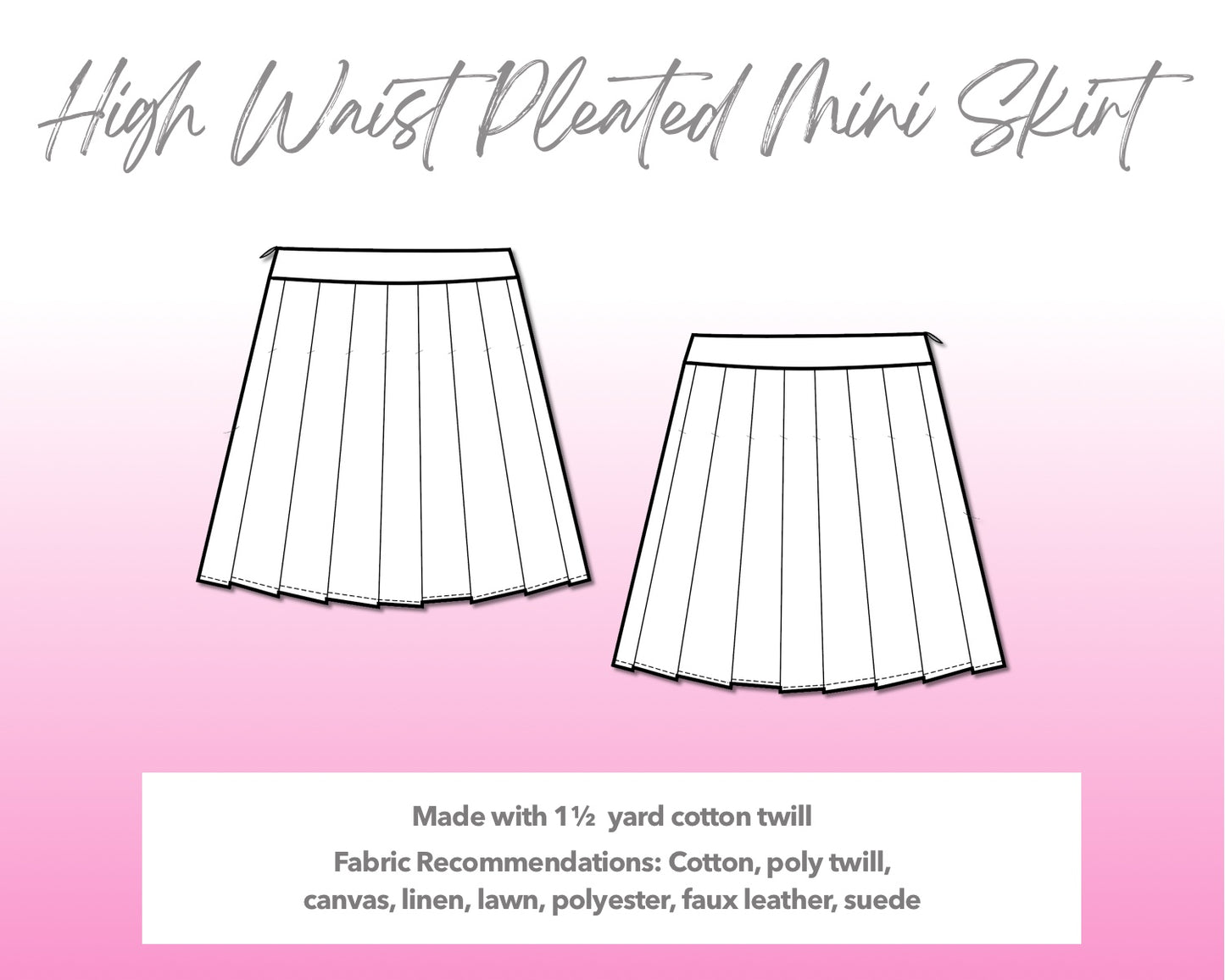 Illustration and detailed description for High Waist Pleated Mini Skirt sewing pattern.