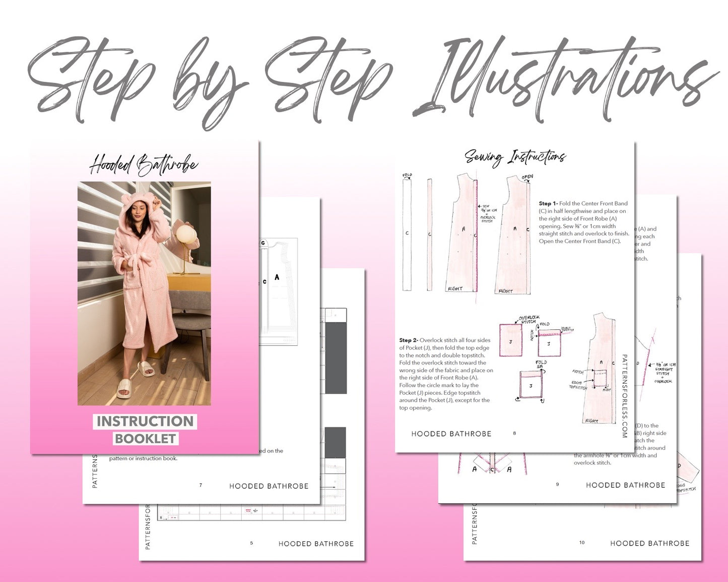 Hooded Bathrobe sewing pattern step by step illustrations.