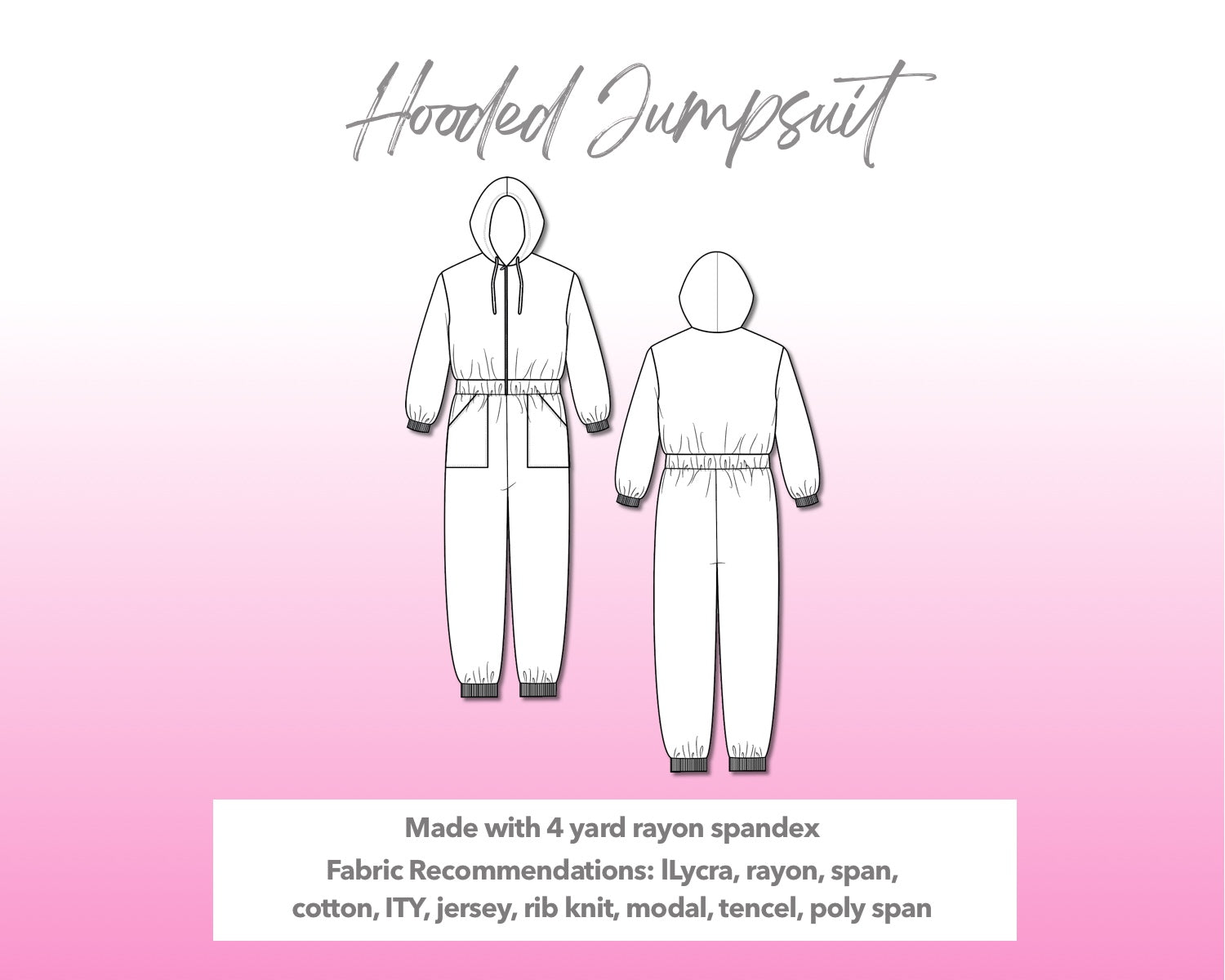 Illustration and detailed description for Hooded Jumpsuit sewing pattern.