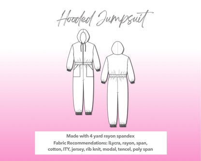 Illustration and detailed description for Hooded Jumpsuit sewing pattern.