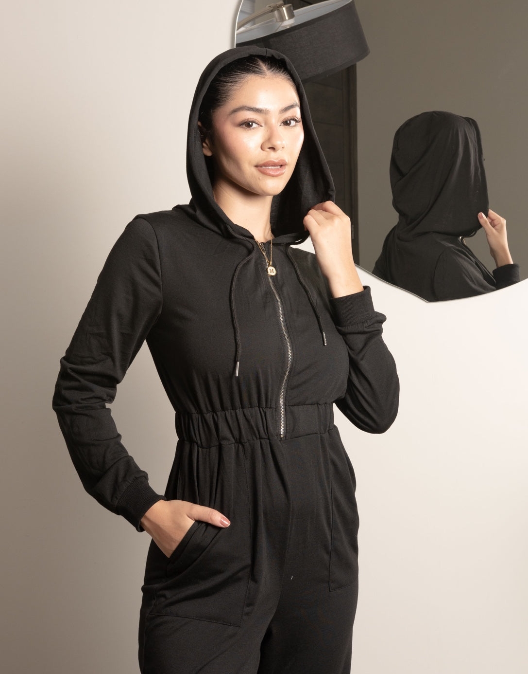 Closeup of Hooded Jumpsuit.