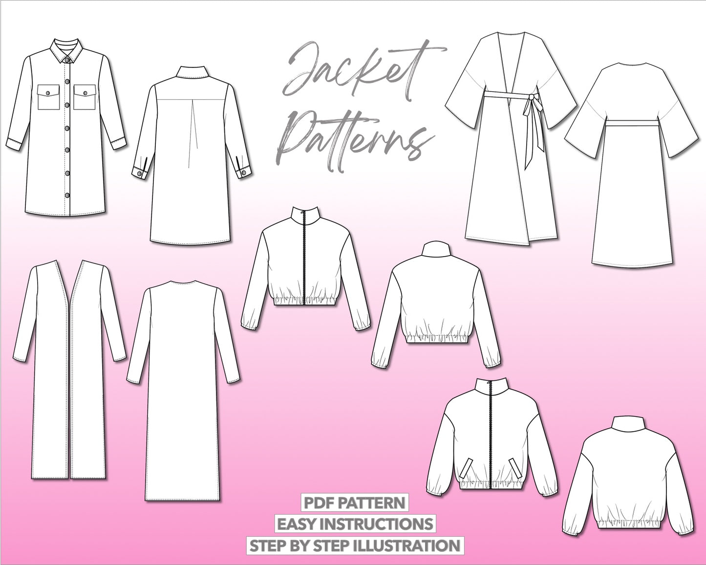 Illustration and detailed description for jacket sewing pattern bundle.