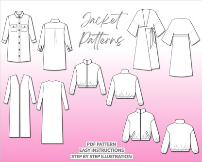 Illustration and detailed description for jacket sewing pattern bundle.