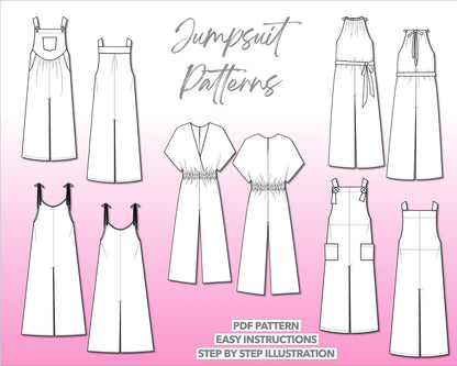 Illustration and detailed description for Jumpsuit sewing pattern.