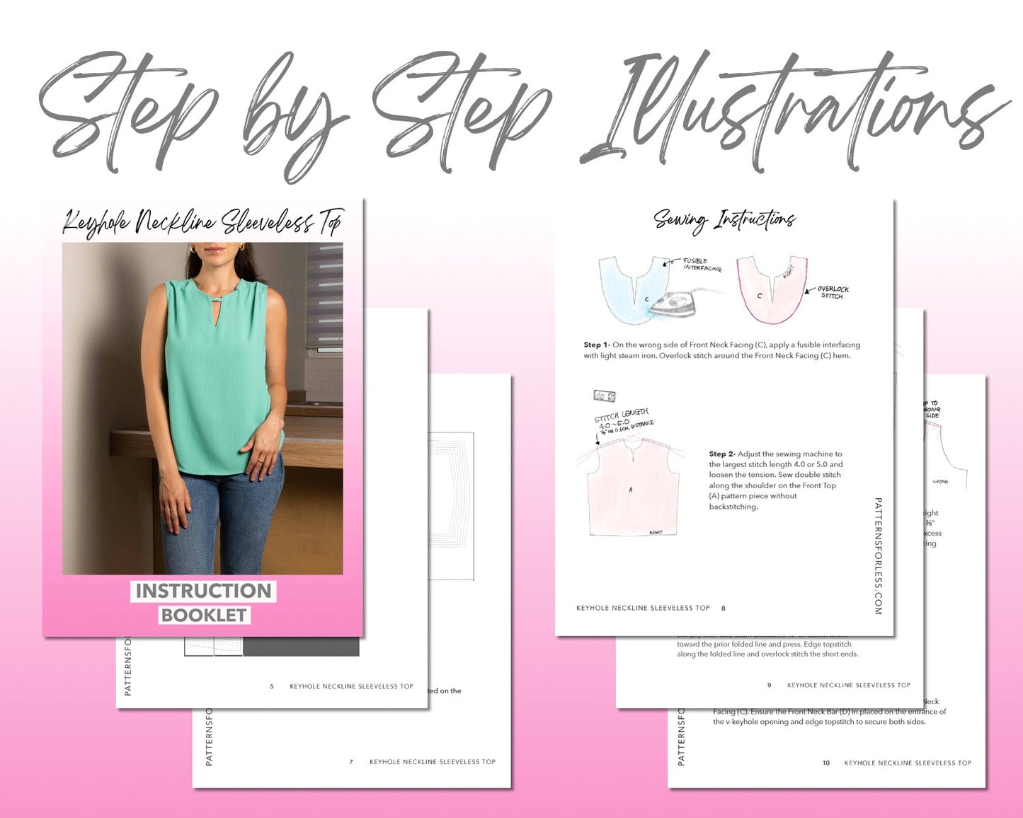 Keyhole Neckline Sleeveless Top sewing pattern step by step illustrations.