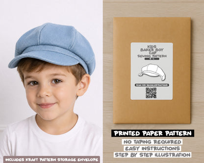 Kids Baker Boy Cap printed sewing pattern with easy instructions and step by step illustrations.