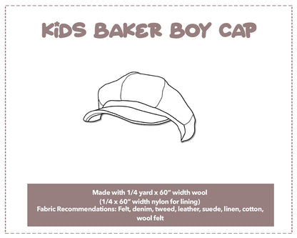 Illustration and detailed description for Kids Baker Boy Cap sewing pattern. Made with ¼ yard x 60” width wool and ¼ x 60” width nylon for lining. Other Fabric Recommendations: Felt, denim, tweed, leather, suede, linen, cotton, wool felt