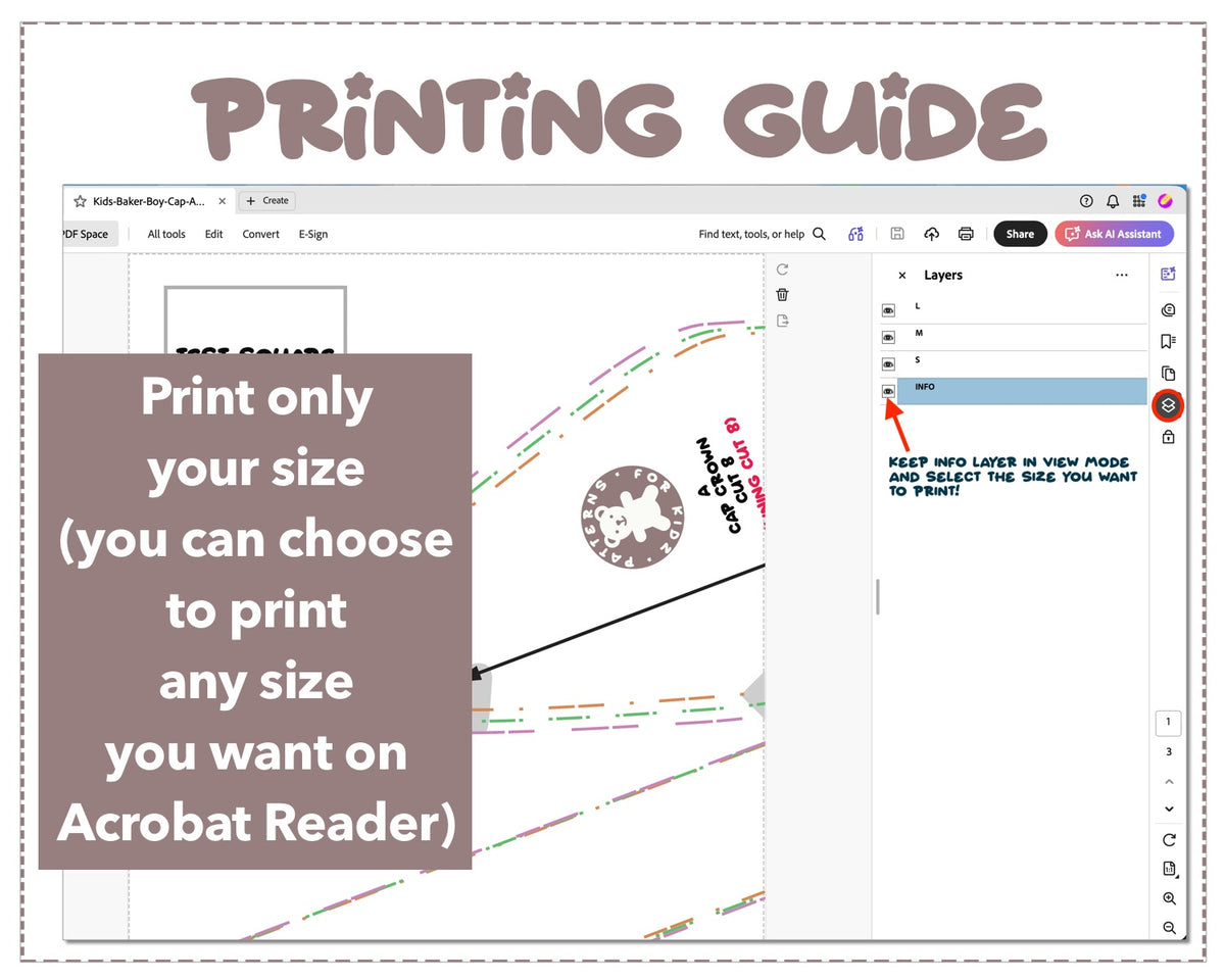 Kids Baker Boy Cap sewing pattern printing guide.