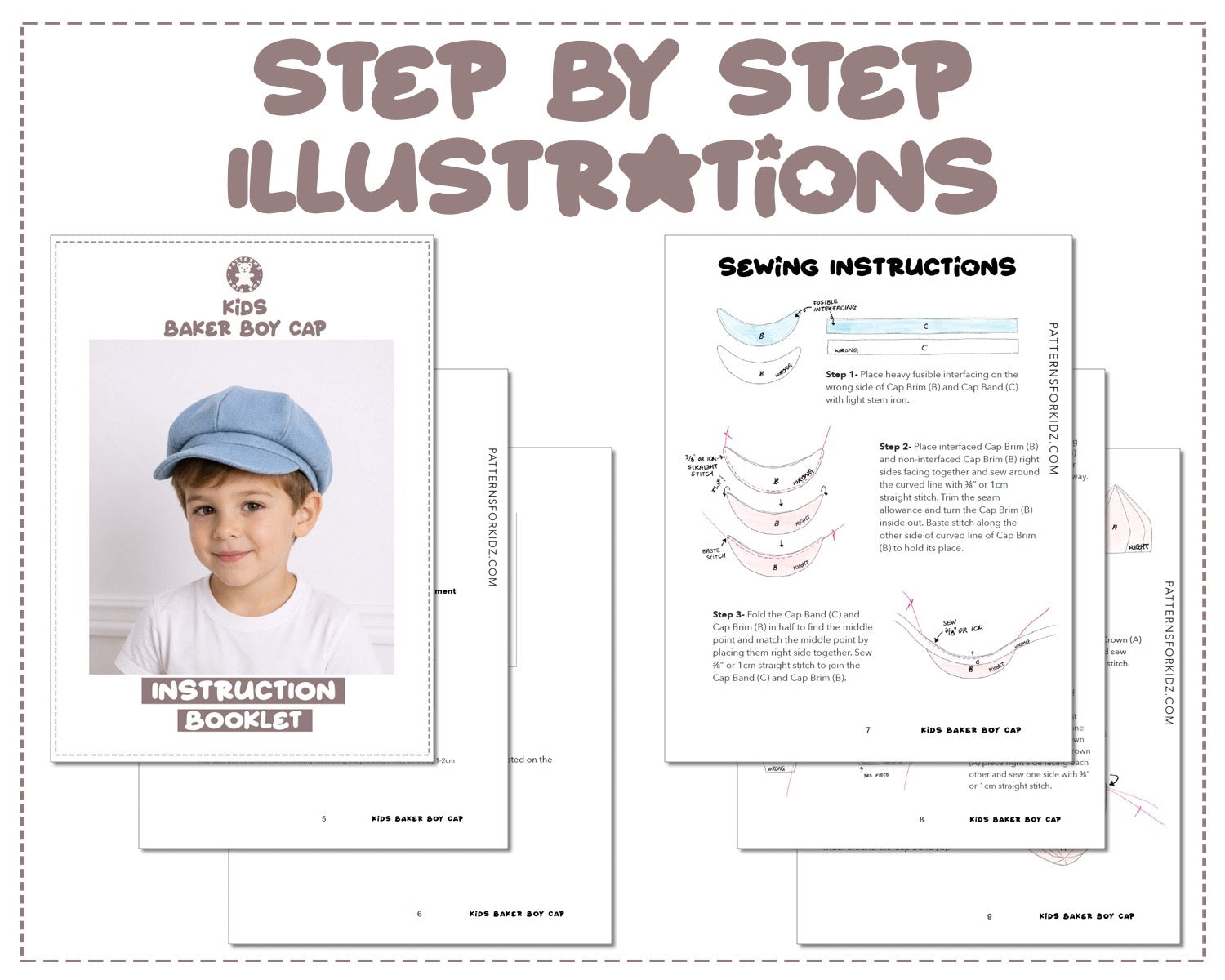 Kids Baker Boy Cap sewing pattern instruction booklet showing step by step illustrations to make the garment.
