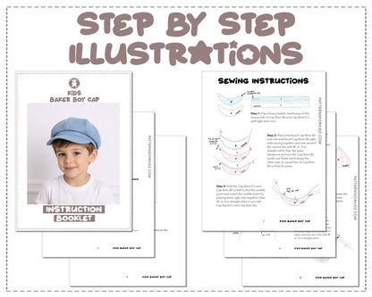 Kids Baker Boy Cap sewing pattern instruction booklet showing step by step illustrations to make the garment.