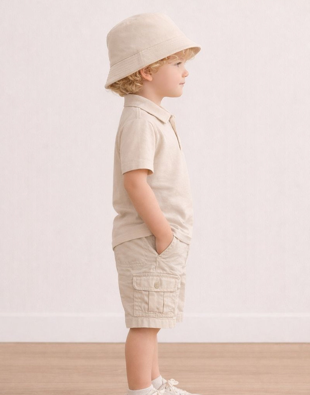 Side view of child wearing a beige outfit with a Bucket Hat on a plain background.