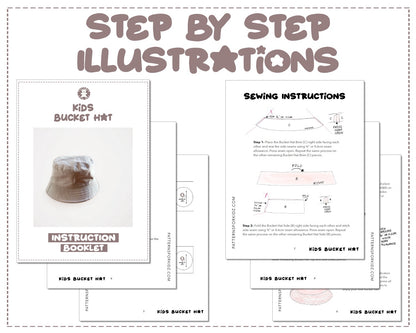 Kids Bucket Hat sewing pattern step by step illustrations.
